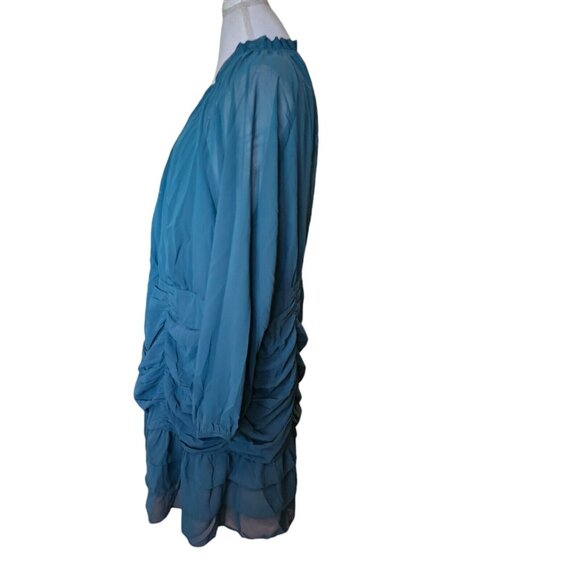 Andree By Unit 2X Dress Dark‎ Teal Chiffon Layered Longsleeve Blue Green Lined - Picture 6 of 13